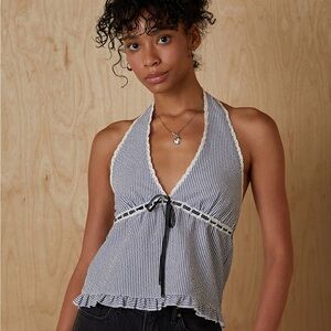 Pacsun Noelle Pinstripe Halter Top with Lace Trim